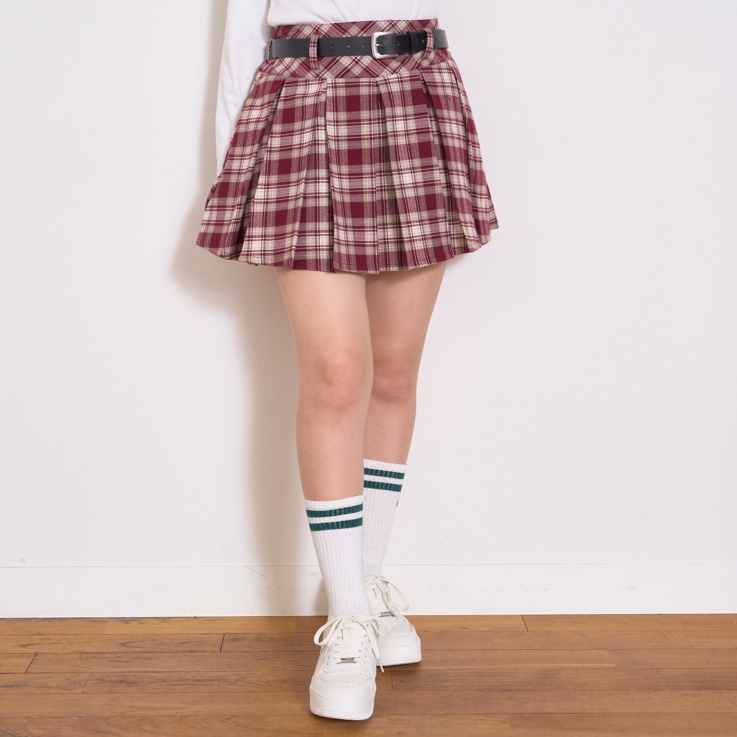 【起毛】ベルトつきチェックプリーツスカート