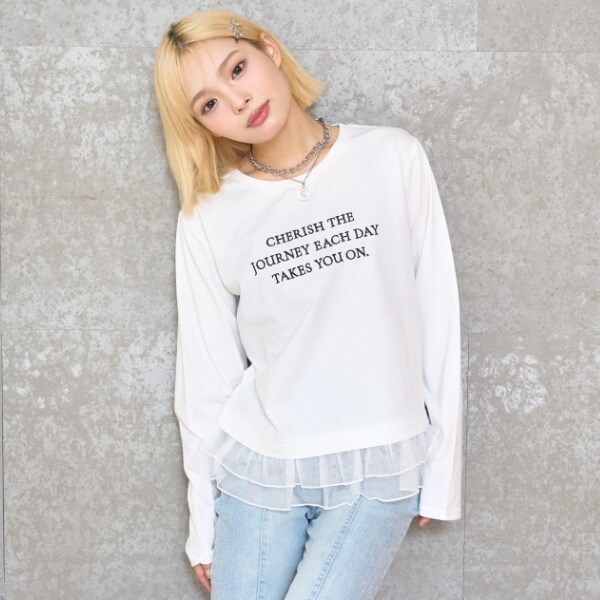 チュールペプラム長袖Tシャツ