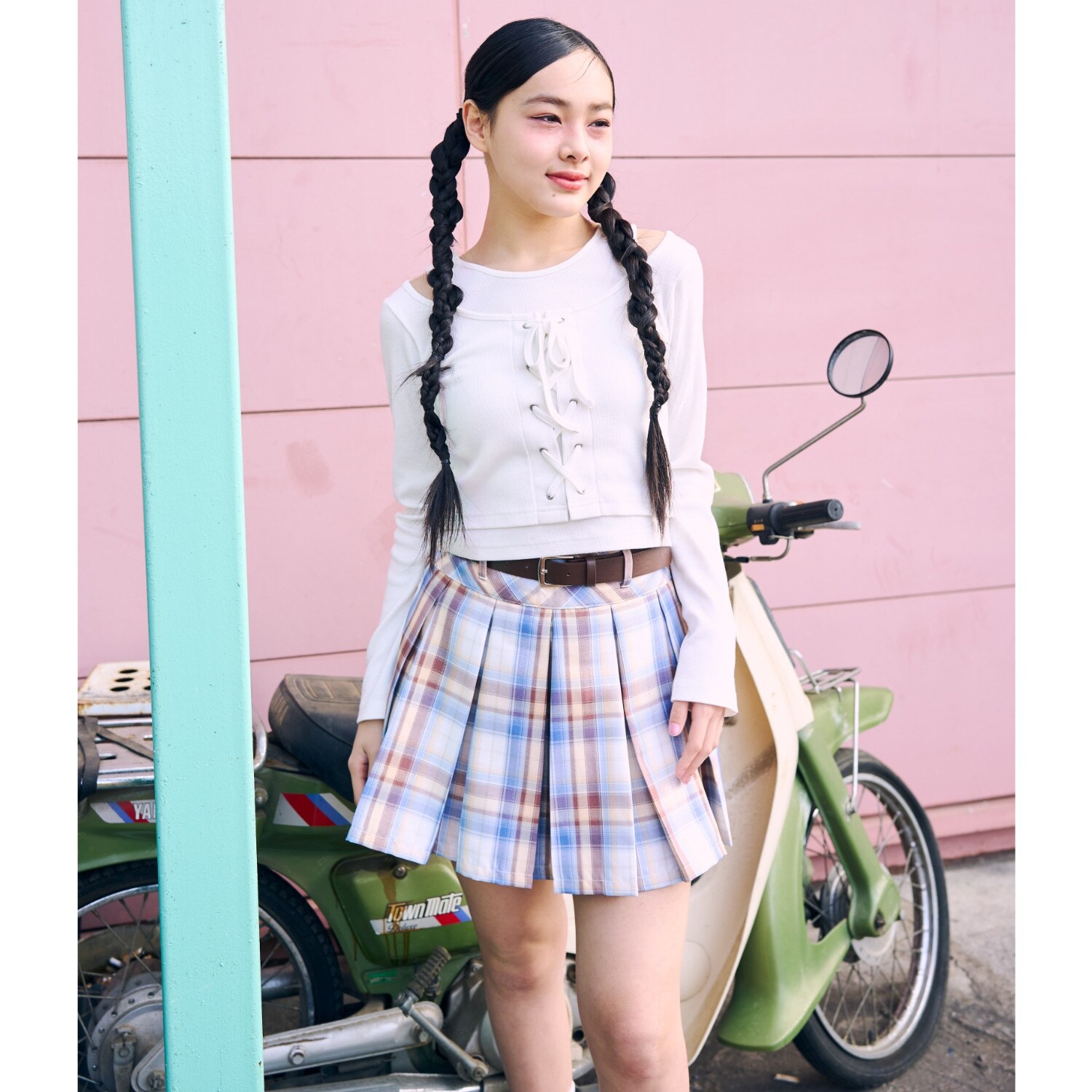 【イージーケア】ベルトつきチェックプリーツスカート