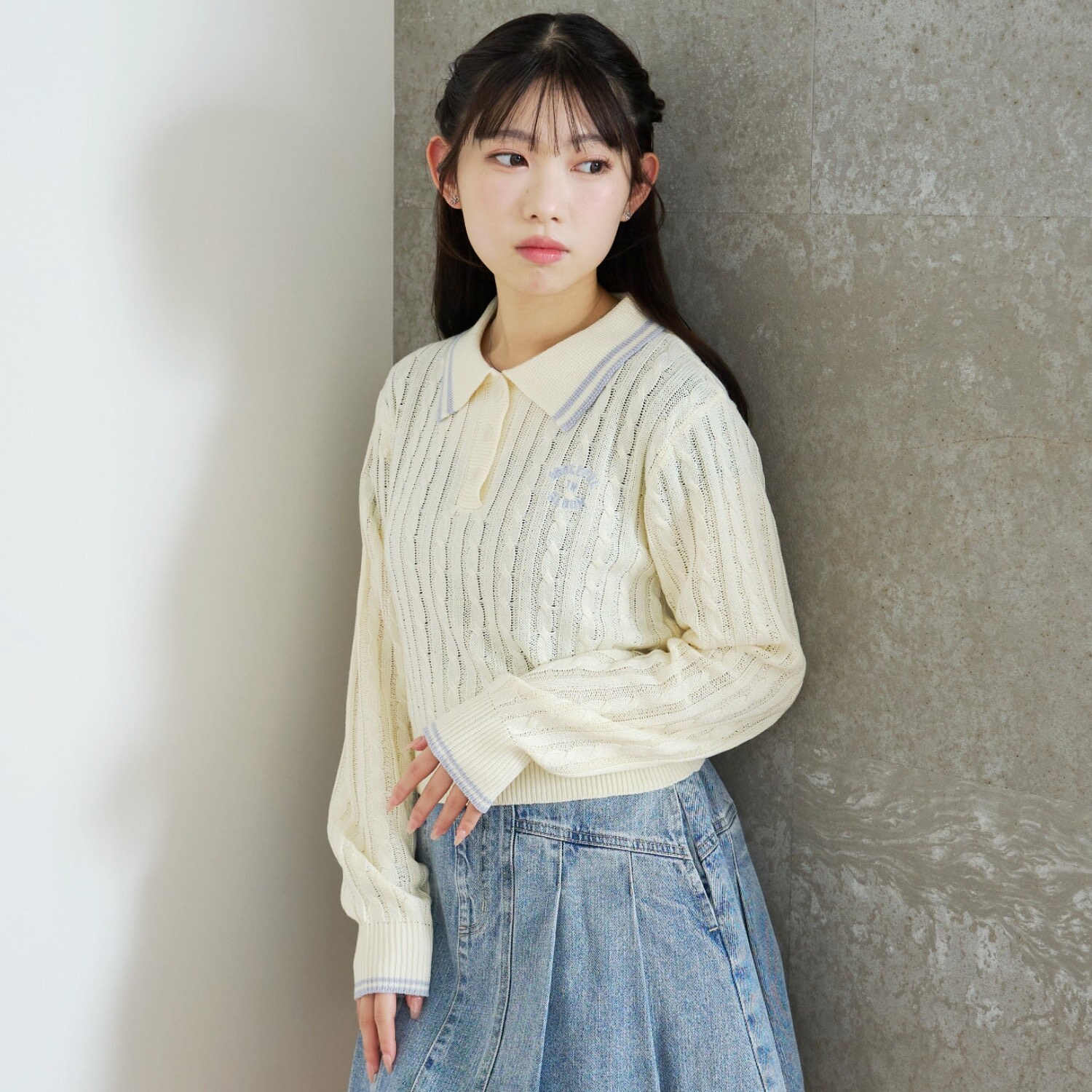 【洗える】ケーブル長袖ポロニット