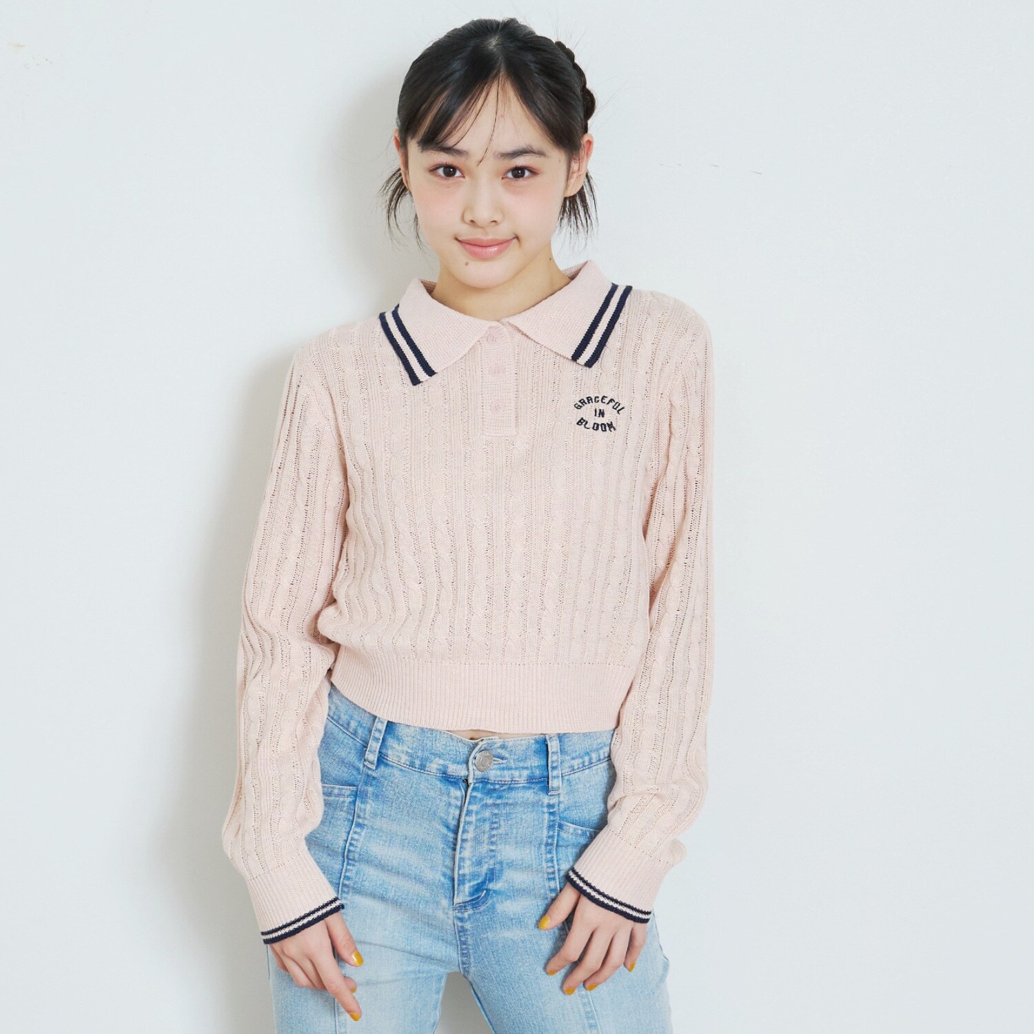 【洗える】ケーブル長袖ポロニット