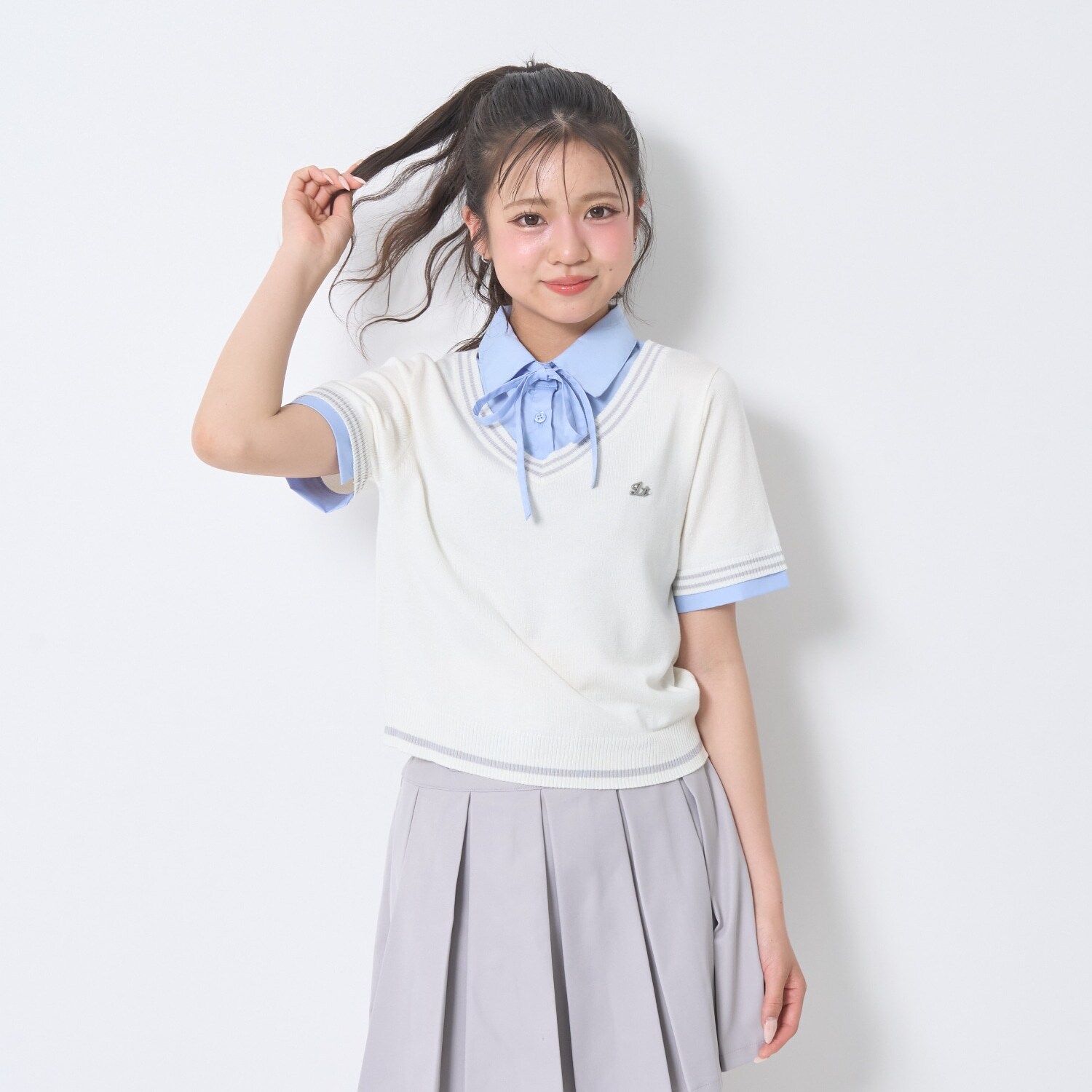 【洗える】リボンタイつきフェイクレイヤード半袖シャツ