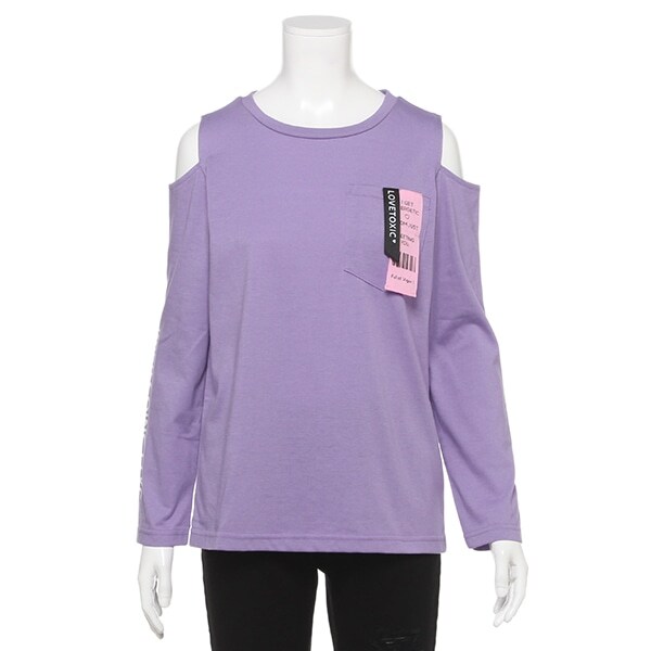 肩開きタグつきTシャツ