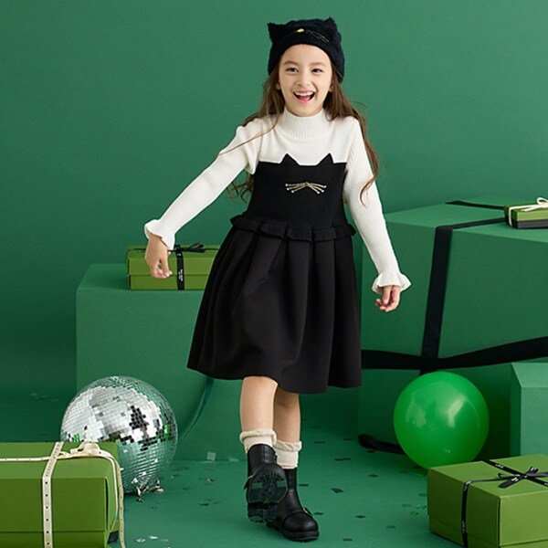 トドラー キャットニットドッキングワンピース