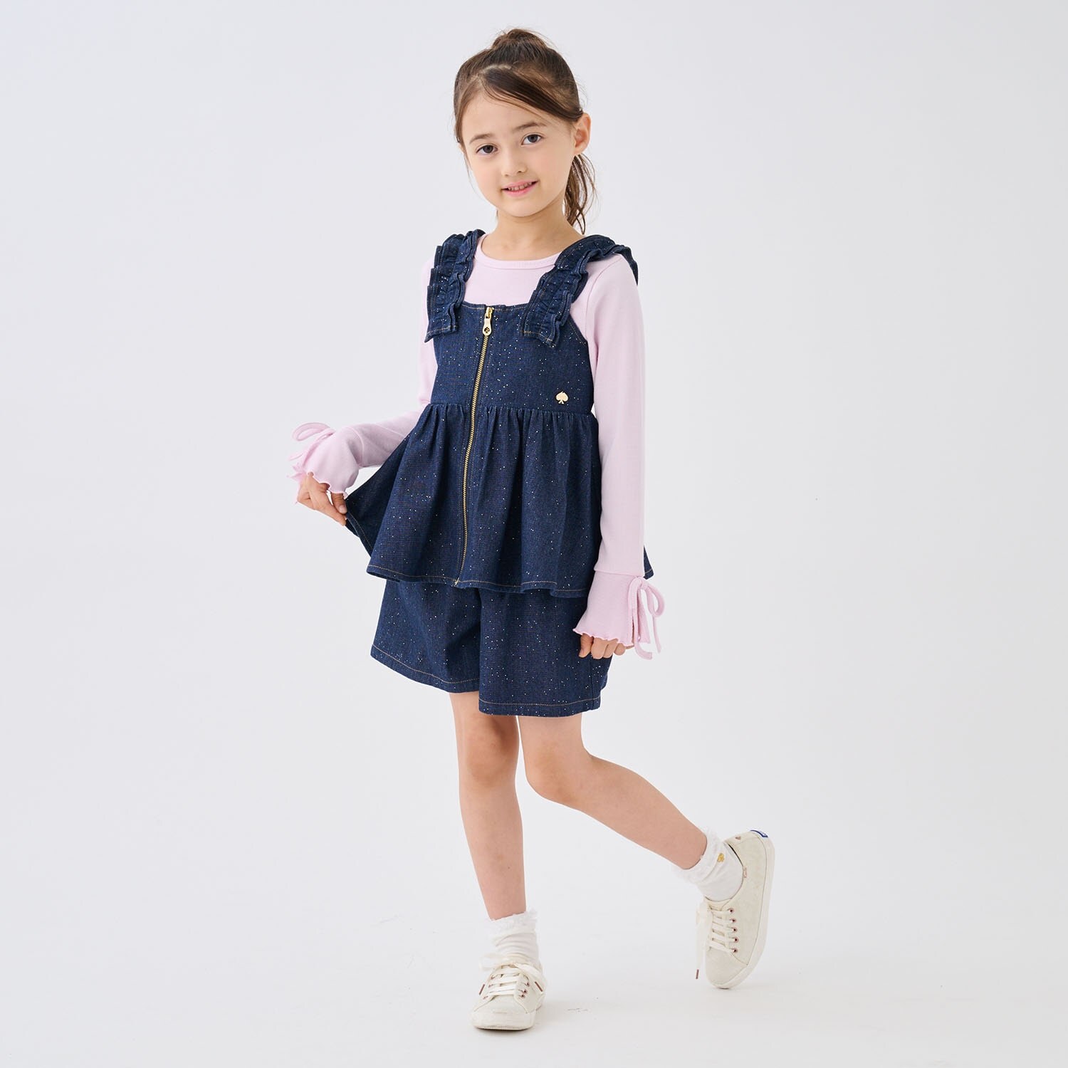 ラメデニムトップス&キュロットスカートセット