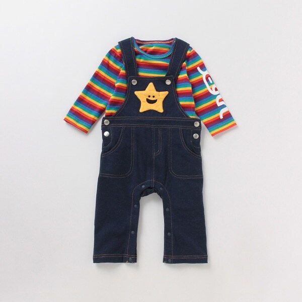 マルチボーダーロンパース×キラッキーポケットサロペットセット