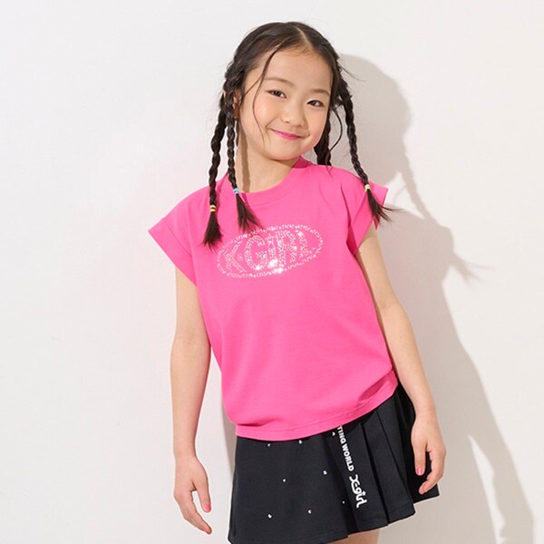 ラインストーンロゴノースリーブトップス