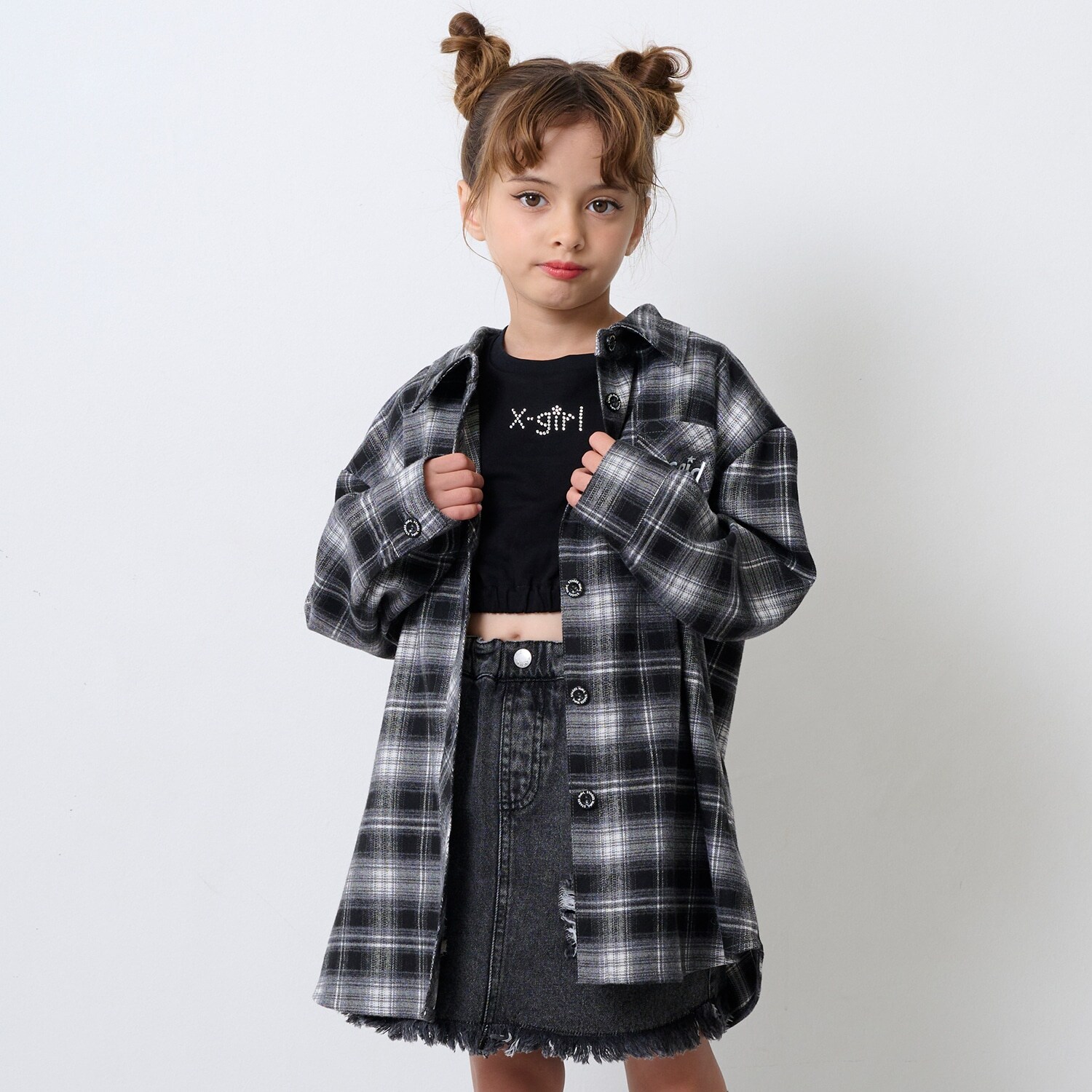 シャドーチェックロゴ刺しゅうロング丈シャツ