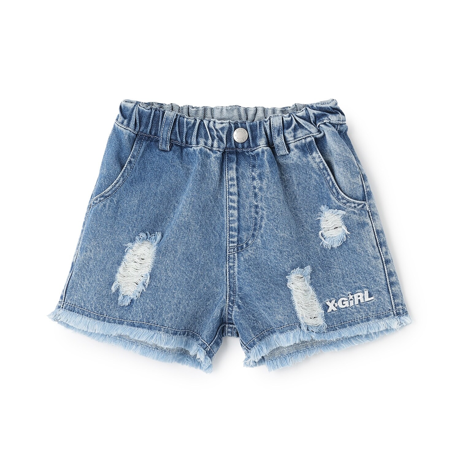 豹柄レイヤードクラッシュ加工デニムショートパンツ