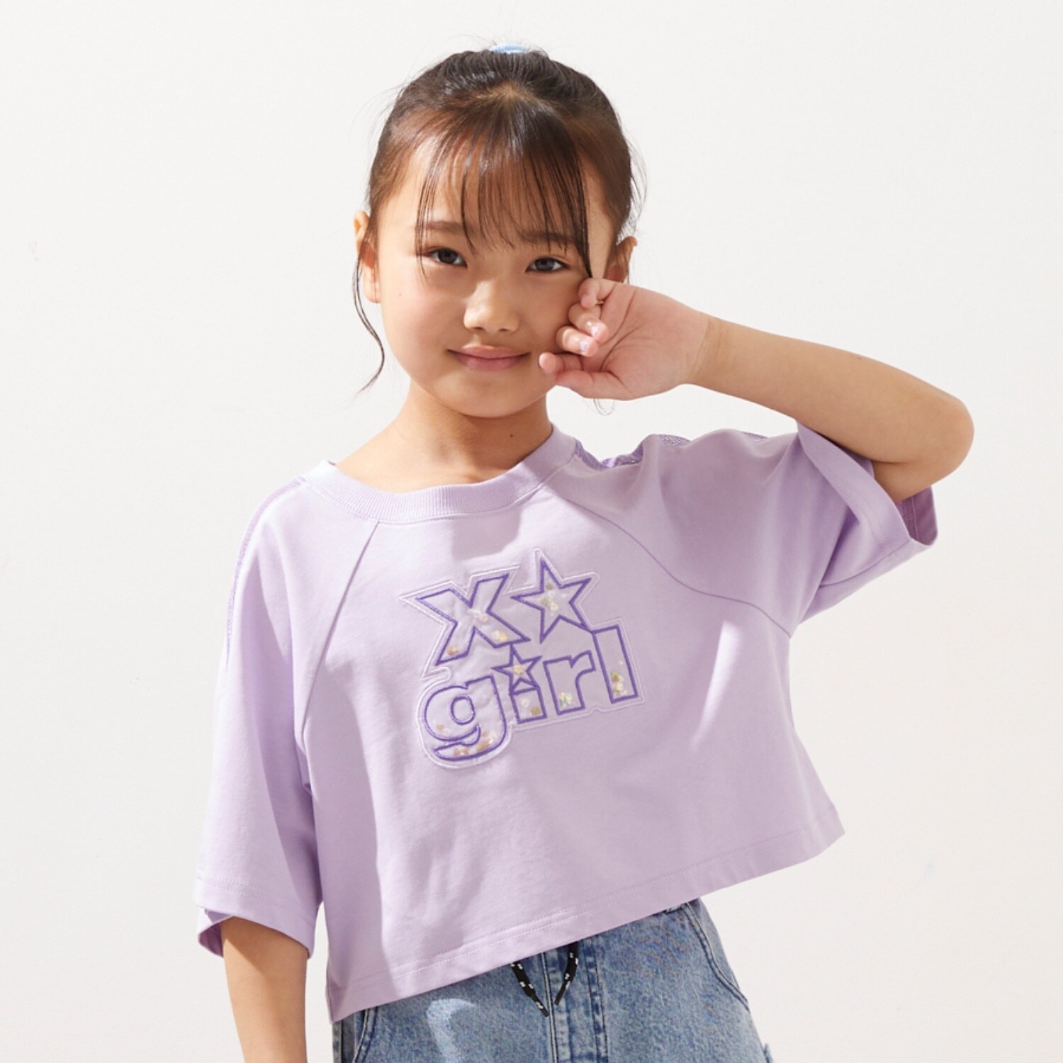 肩メッシュスパンコールロゴ ショート半袖Tシャツ