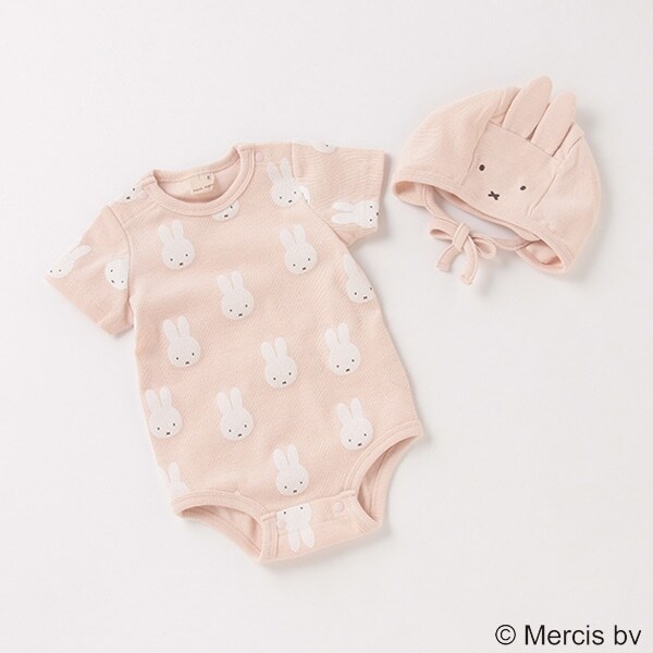【ミッフィー 】 総柄ロンパース×耳つき帽子セット