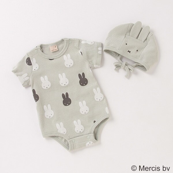 【ミッフィー 】 総柄ロンパース×耳つき帽子セット