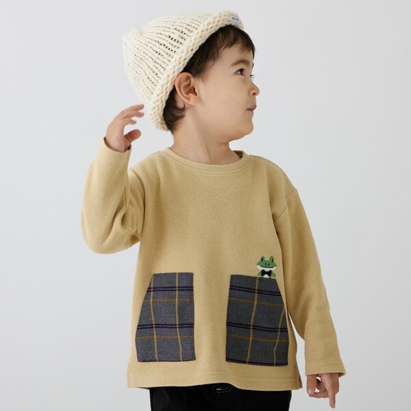 チェックポケット動物刺しゅう長袖T