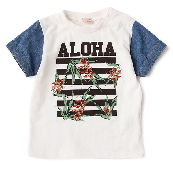 袖デニムアロハプリントTシャツ