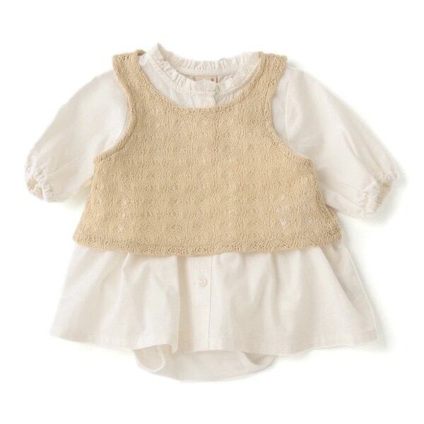 レース編みベスト×シャツワンピースドッキングロンパースセット