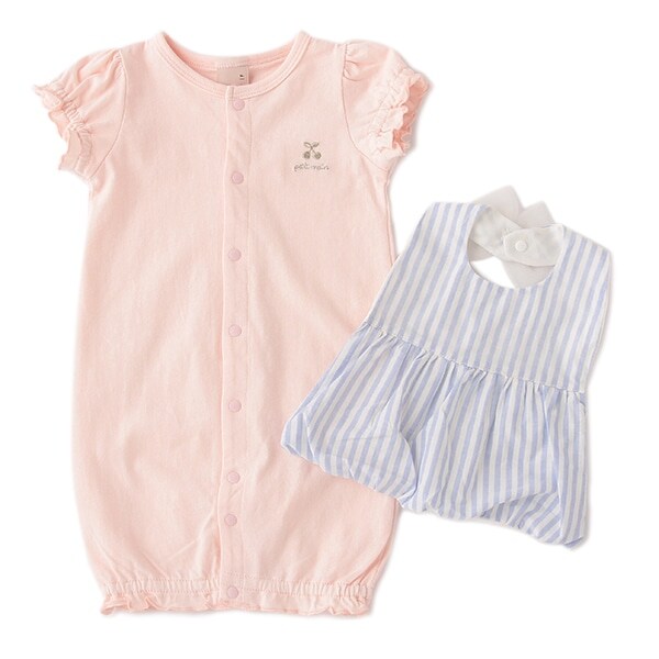 オーガニックコットン リボンつきストライプ柄スタイ×2WAYオールセット