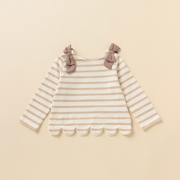 肩リボンスカラップボーダーTシャツ