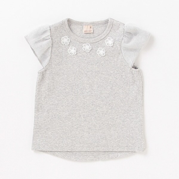 袖チュール花モチーフテレコTシャツ