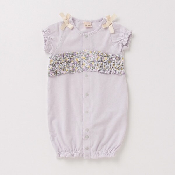 オーガニックコットン 花柄フリル肩リボン2WAYオール