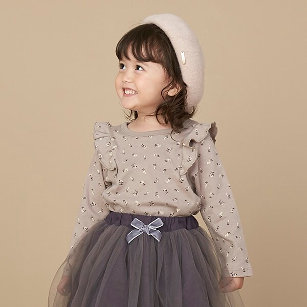 【オーガニック】肩フリル花柄長T