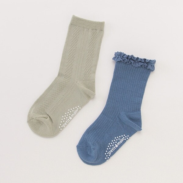 綿レース/無地2Pクルーソックス