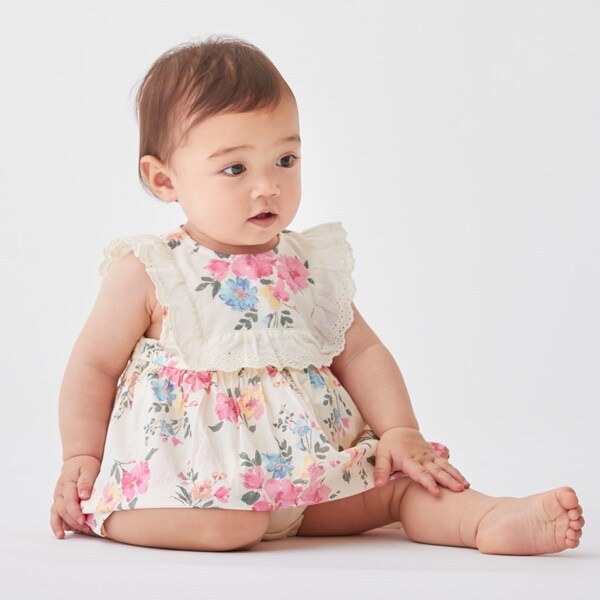 【リンク】スクエアレース花ロンパース(ベビーサイズ)