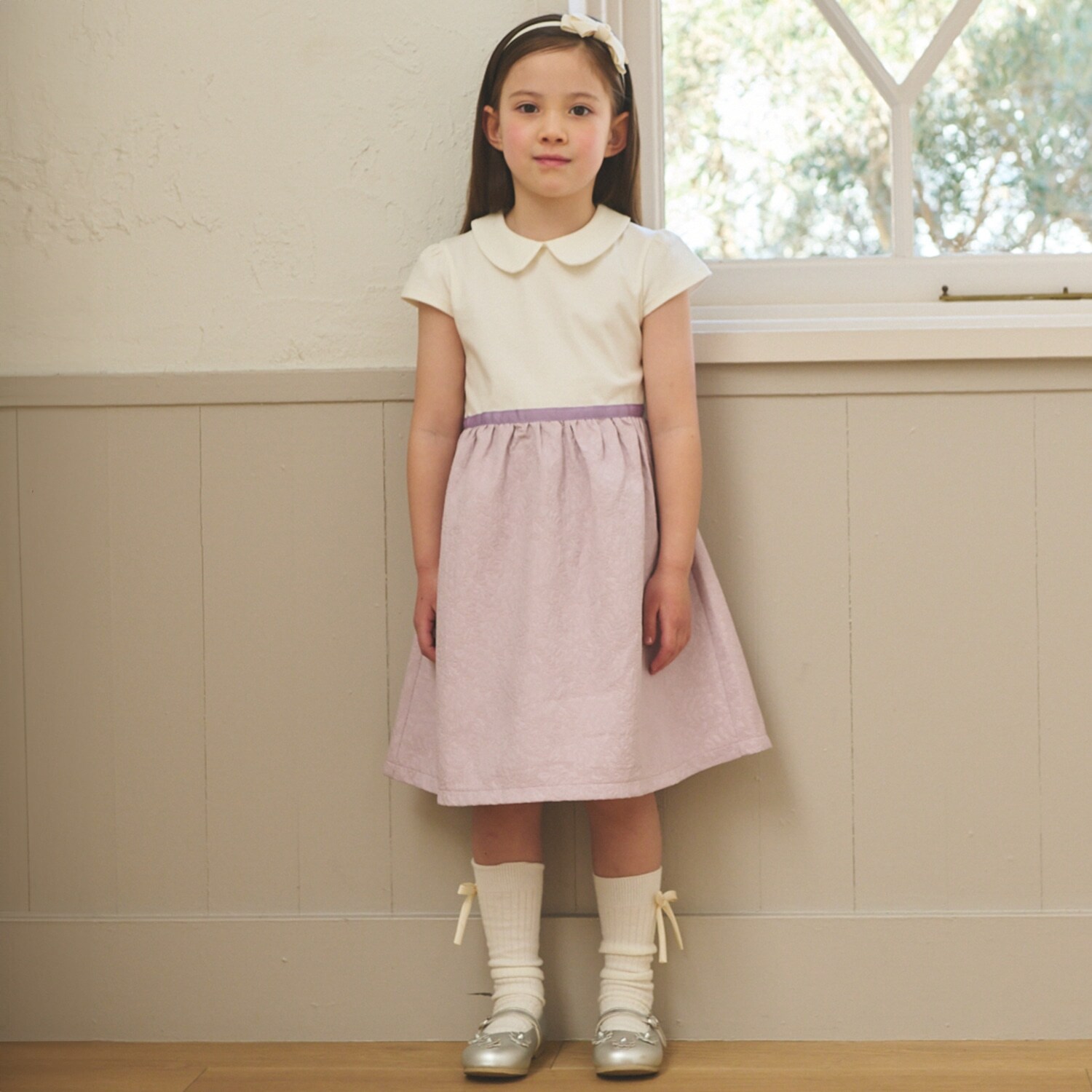 【セミフォーマル】ジャガード切り替えワンピース