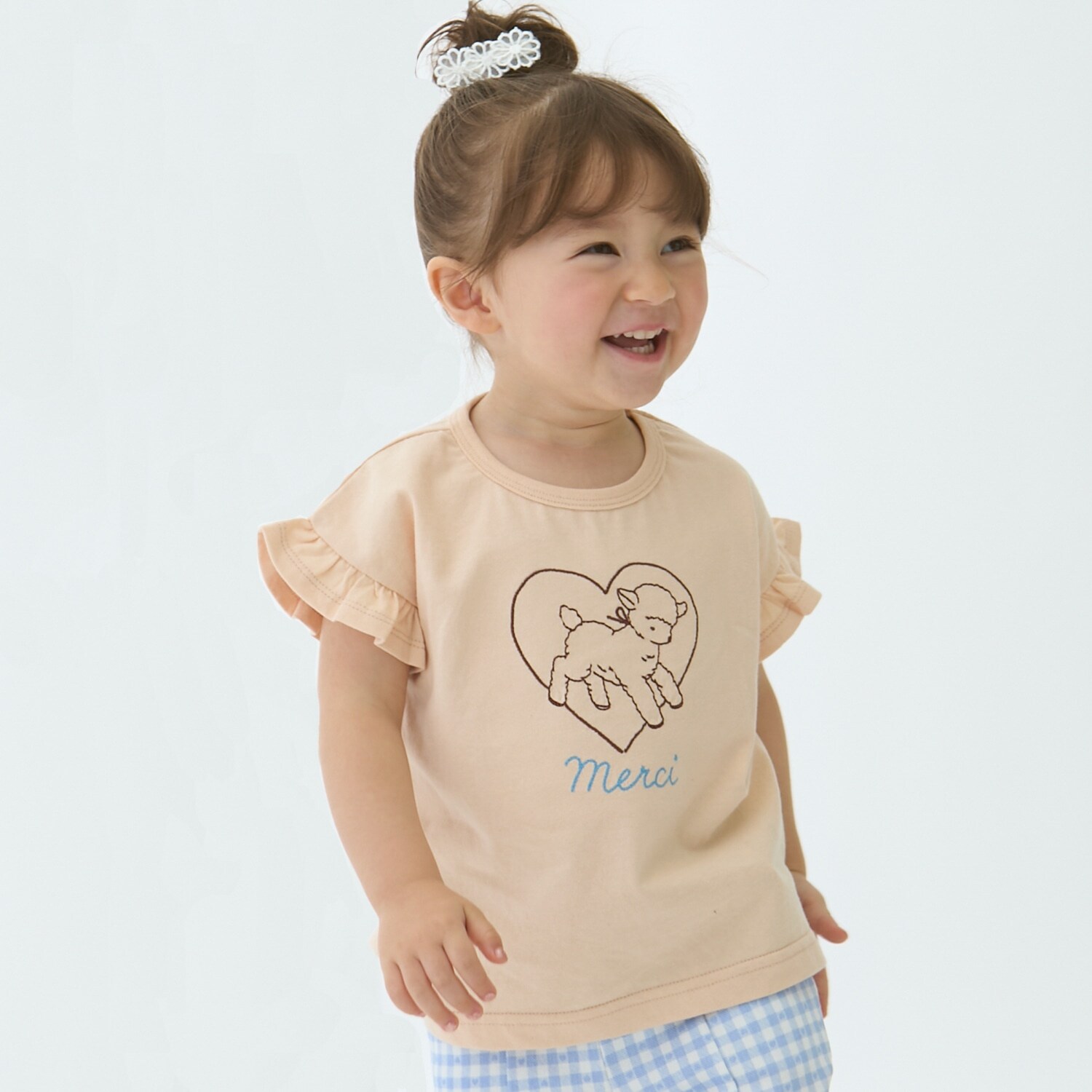 袖フリル刺しゅうTシャツ