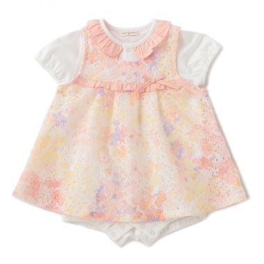 オーガニックコットン フラワーレースエプロン付きショートオール【日本製】