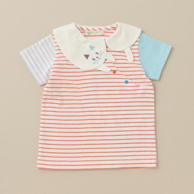 ねこ衿ボーダー半袖ブラウス