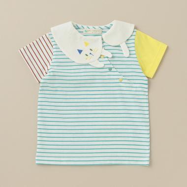 ねこ衿ボーダー半袖ブラウス