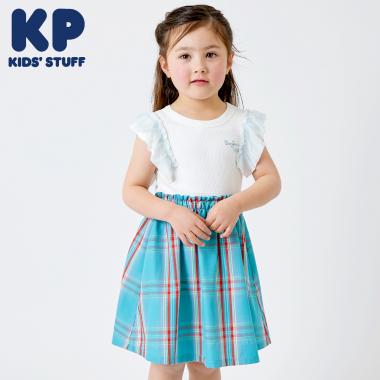 チェックドッキング　袖フリルワンピース