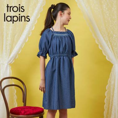 メッシュデニムギャザーワンピース