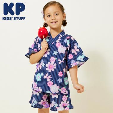 甚平 ストライプ×花リボン柄