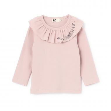音符刺シュウ フリル衿フライス微起毛長袖Tシャツ