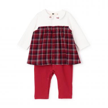 先染チェック レイヤード風カバーオール