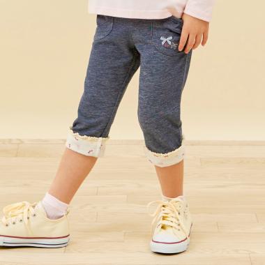 デニム風ニットツイル 裾折り返しパンツ 7分丈