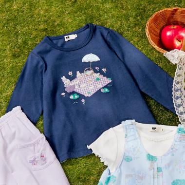 ピクニック柄アップリケ 長袖Tシャツ