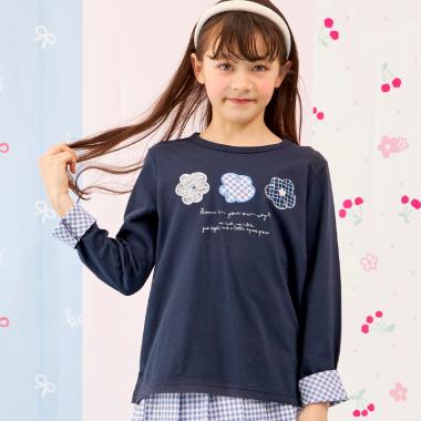 【Trois Lapins】 フラワーモチーフ アップリケ 長袖Tシャツ