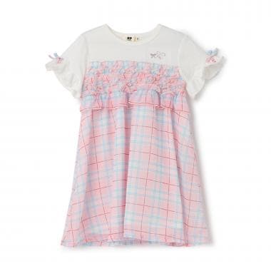 シフォンチェック×天竺 胸フリルワンピース