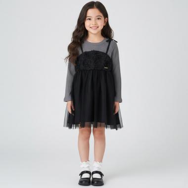 フラワーモチーフチュールドッキングワンピ