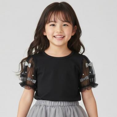 袖チュール半袖Tシャツ