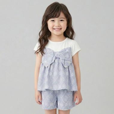 ギンガムチェック刺しゅうレースセットアップ