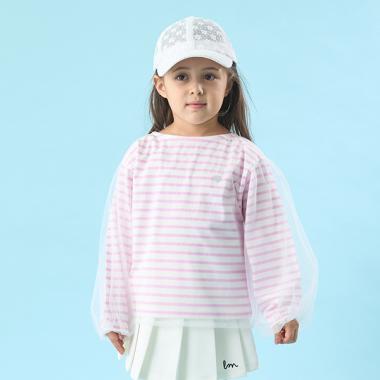 【ソフトコットン】チュール重ねボーダーボートネックTシャツ