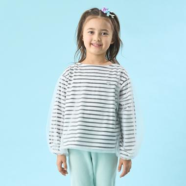 【ソフトコットン】チュール重ねボーダーボートネックTシャツ