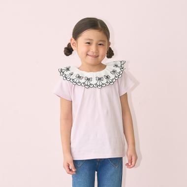 【綿100%】【シャーベットＴ】【UV・接触冷感・型崩れしない】【どちらがまえでもOK】チェリーレース衿Ｔシャツ【子供服】【キッズ】【女の子】