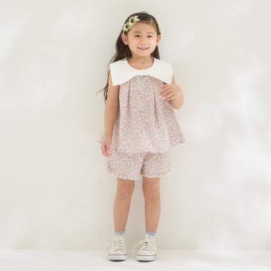 リボン衿つきブラウス・裾フリルハーフパンツセット