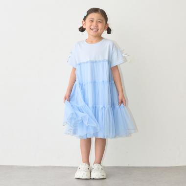 【一部予約商品】【綿100%】【シャーベットＴ】【UV・接触冷感・型崩れしない】ティアードチュールＴシャツワンピース【子供服】【キッズ】【女の子】