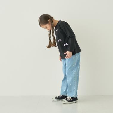 【やわらかデニム】ハート刺しゅう総柄バレルレッグパンツ【子供服】【キッズ】【女の子】