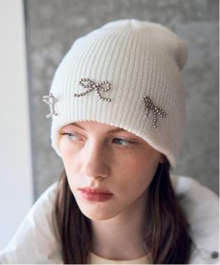 ビーズリボンニット帽【韓国ファッション】